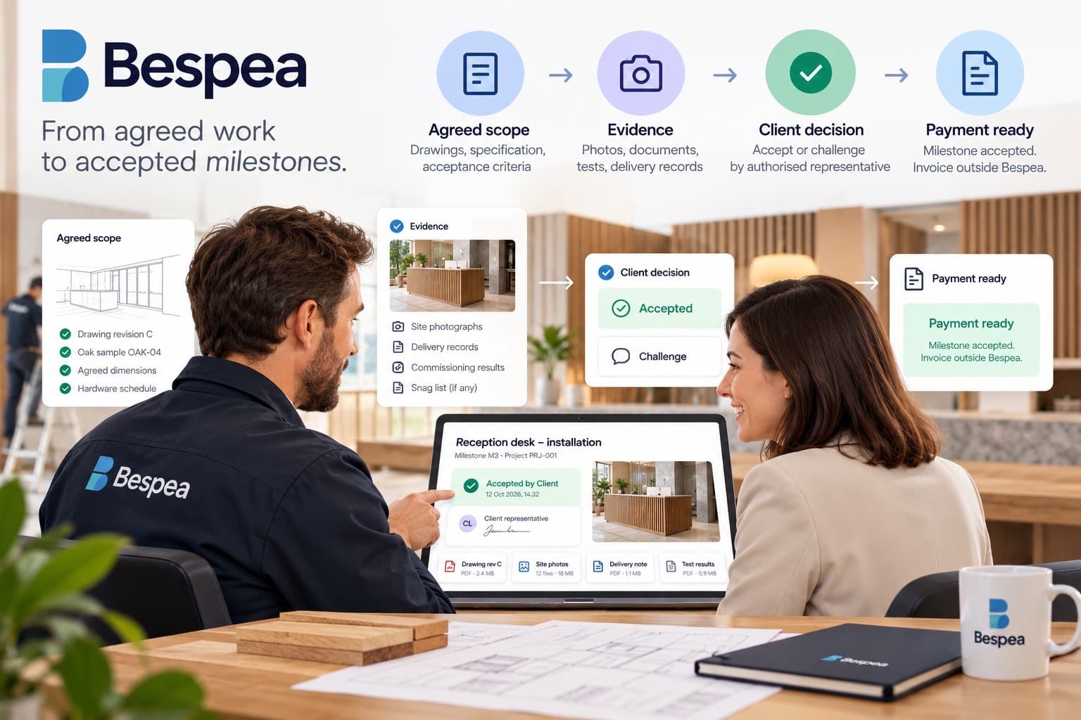 Bespea approval flow for bespoke joinery and fit-out work: agreed scope, evidence, client decision with accept or challenge, and payment readiness, with payment itself remaining outside Bespea.