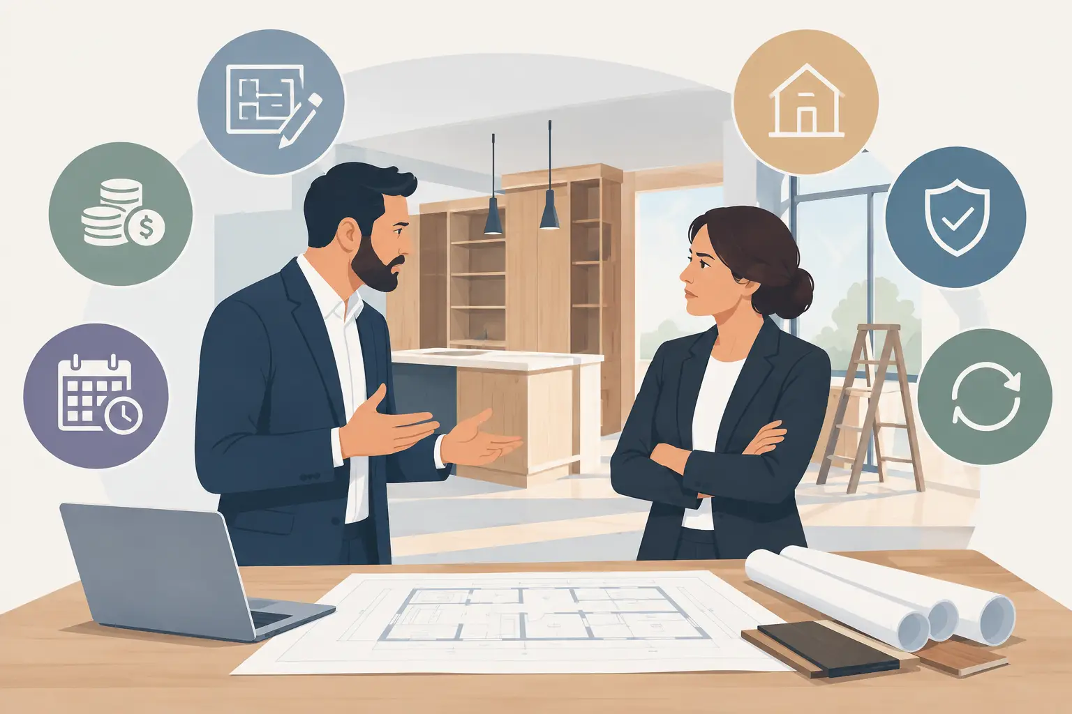 Two project professionals discussing a bespoke fit-out dispute over drawings, with scope, programme, payment and approval symbols