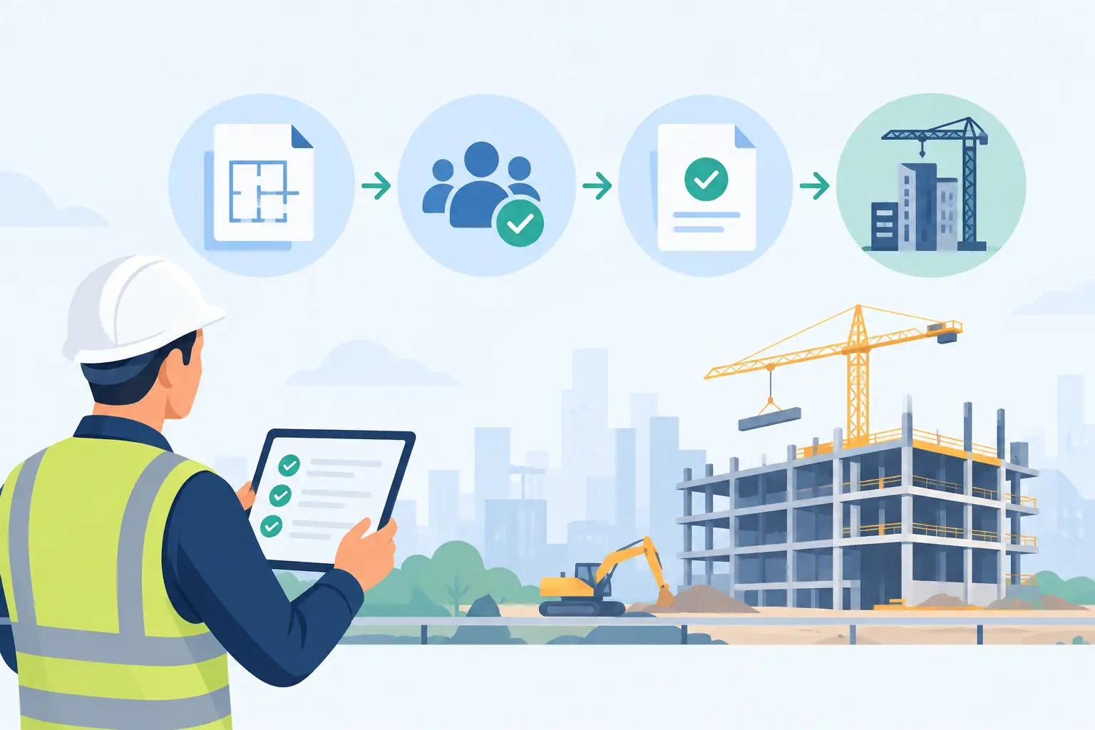 Construction approval workflow illustration with a site reviewer, tablet checklist, drawings and decision stages