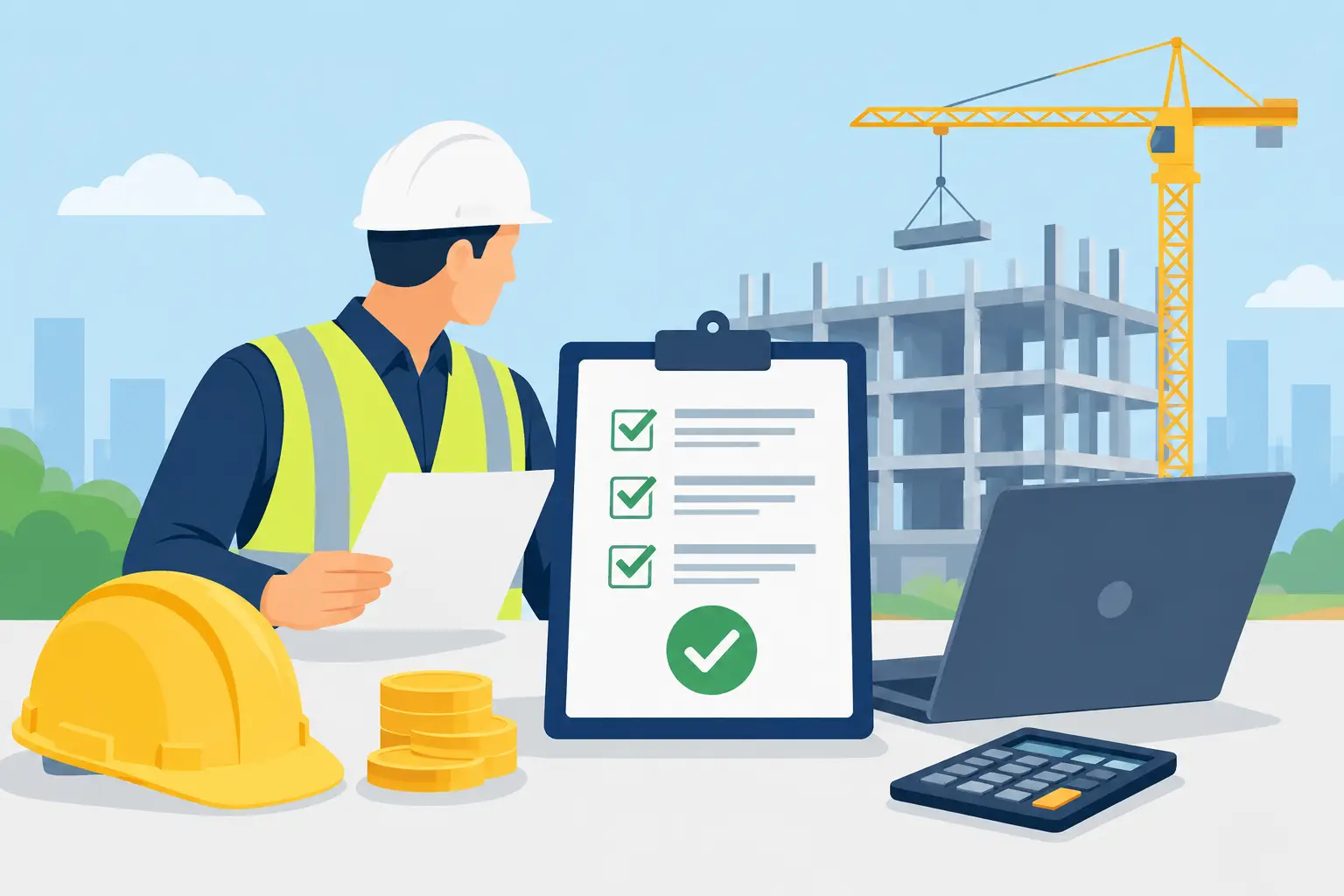 A construction supervisor reviewing a checklist, with coins, a calculator and a crane in the background