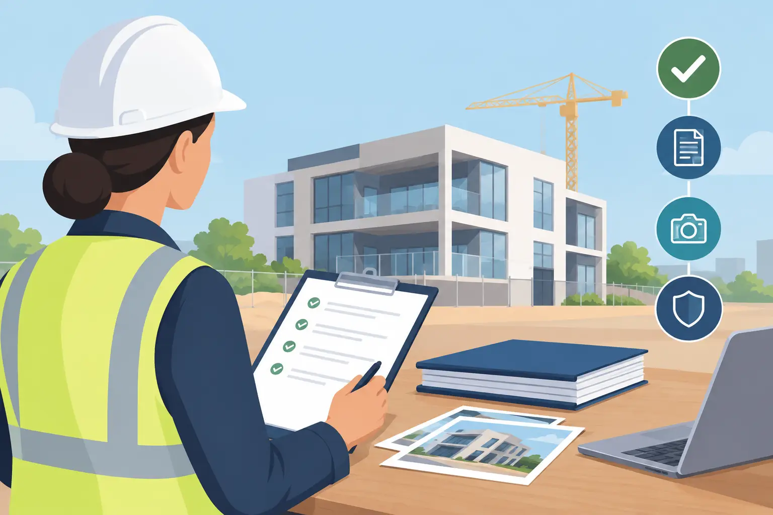 Construction professional reviewing practical completion evidence and project records for a specialist construction project.