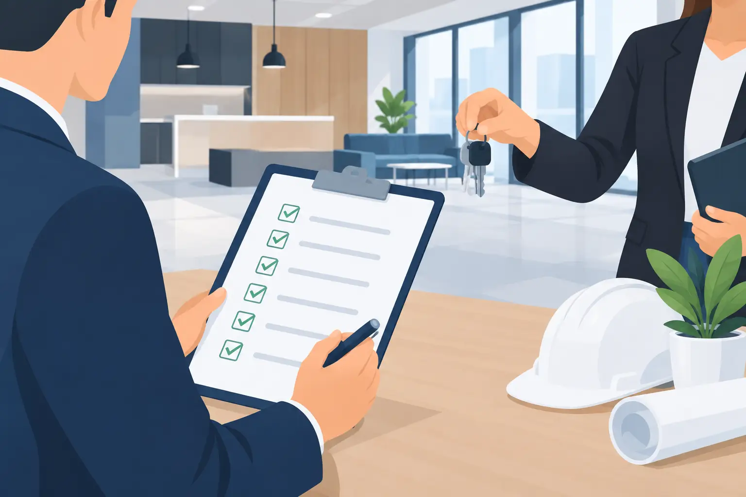 Fit out handover review with completion checklist at a finished commercial interior
