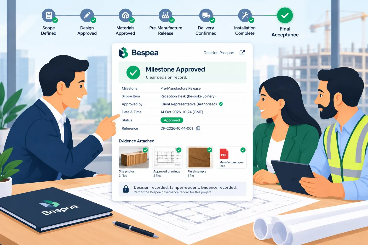 Bespea Decision Passport showing an authorised milestone approval with supporting evidence for a bespoke construction project.
