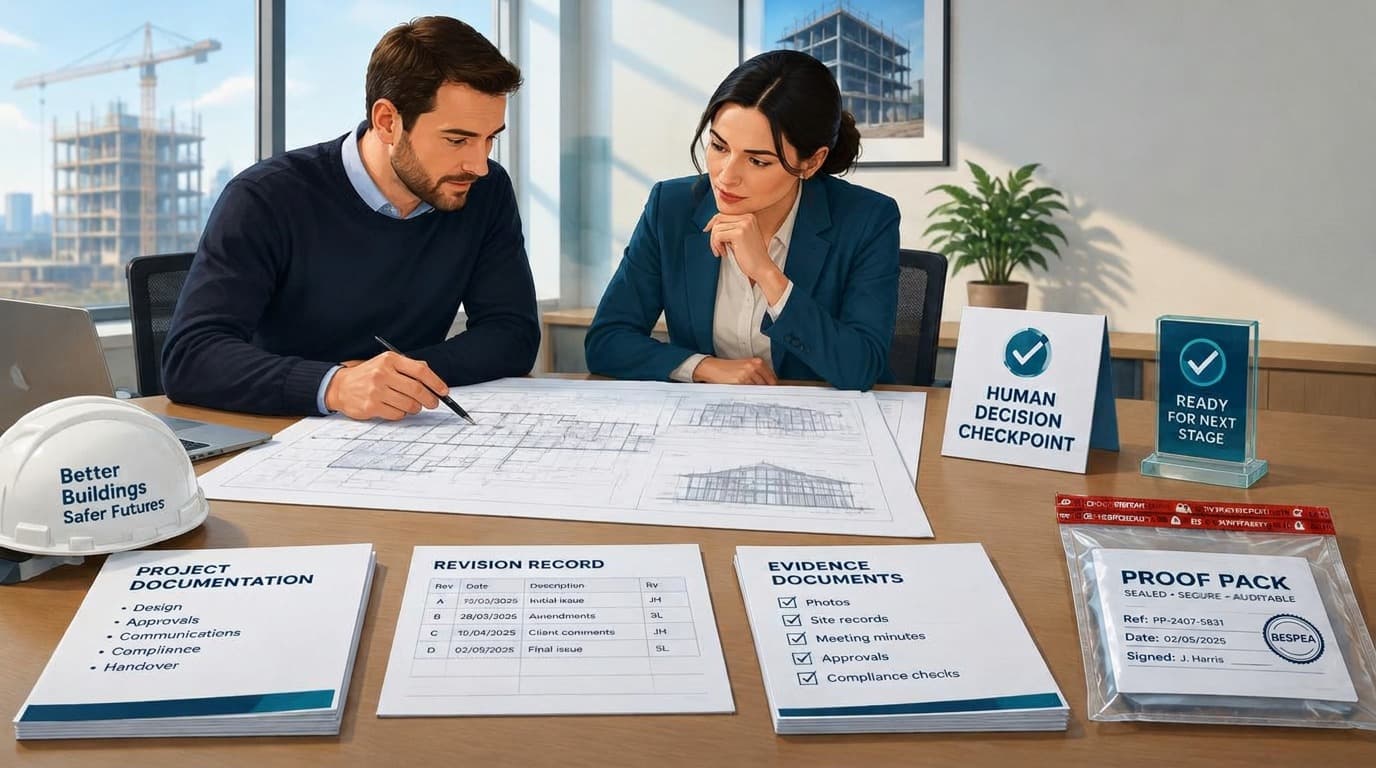 Two project professionals reviewing bespoke joinery drawings, with a documented change, evidence record, human decision checkpoint and tamper-evident proof pack.
