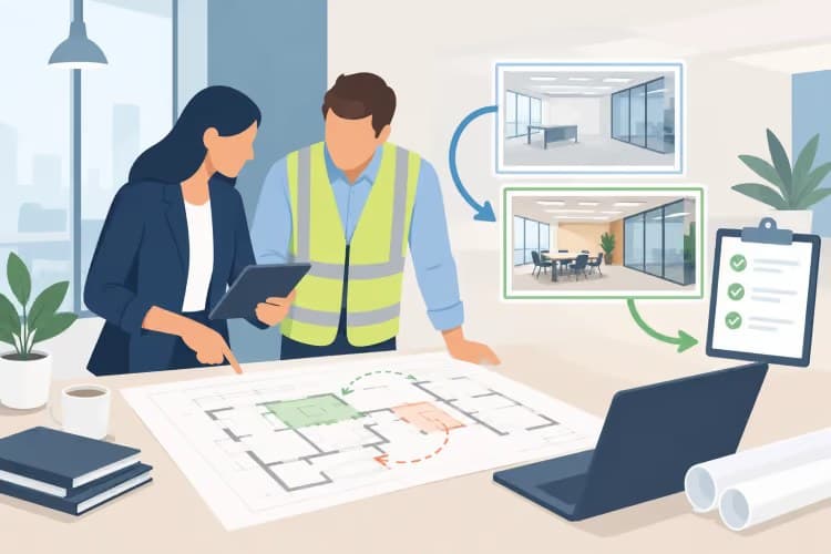 A client and project professional review a fit-out plan, proposed changes and an acceptance checklist.