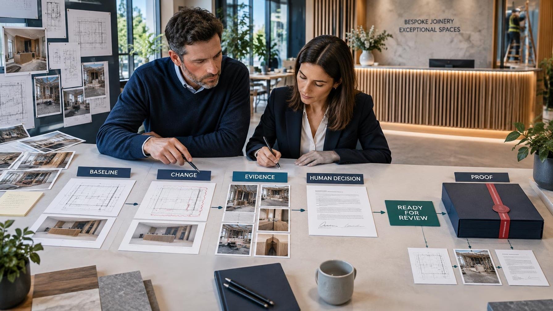 Joinery project professionals reviewing fragmented drawings and evidence through a governed human decision, a ready-for-review record and a tamper-evident proof pack.