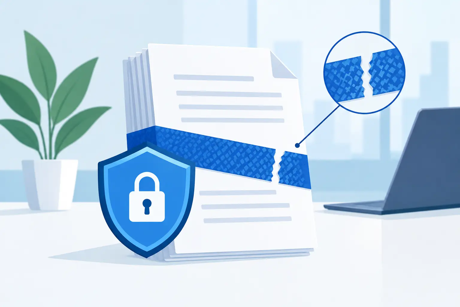 A stack of project documents sealed with a blue tamper-evident band, a visible tear in the seal and a padlock shield in front